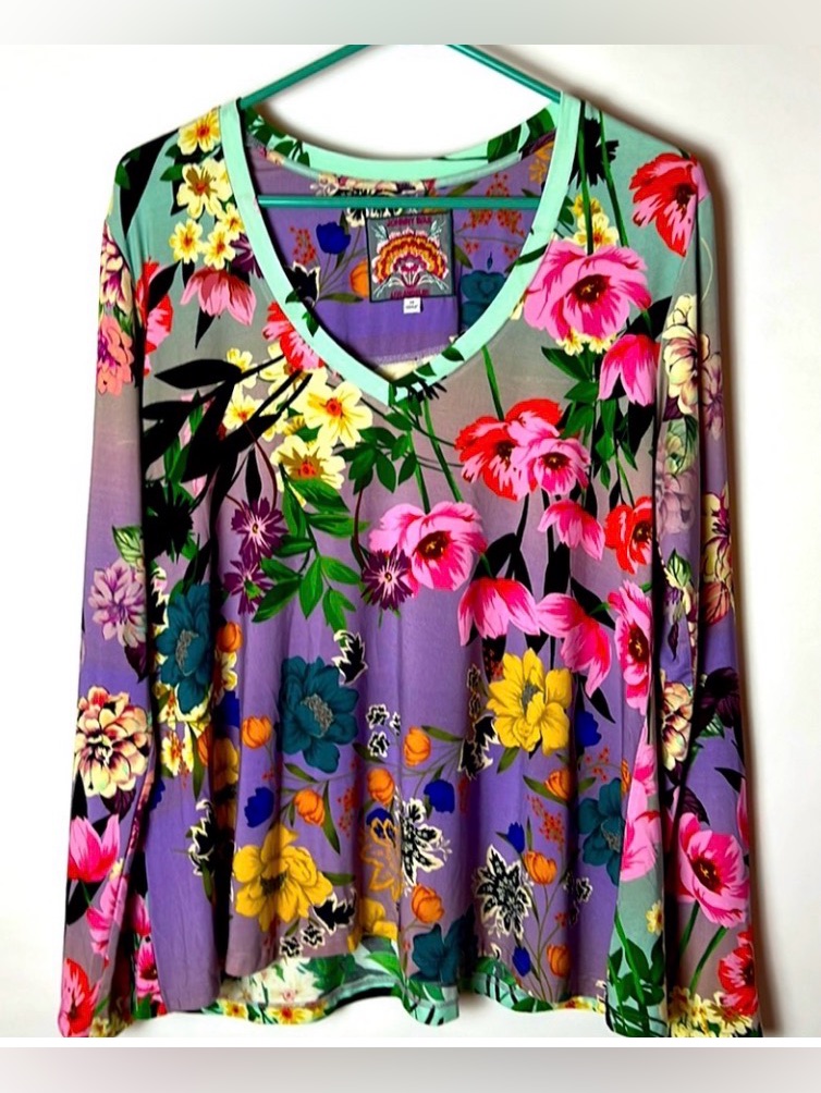 Johnny Was Multicolor Floral V-Neck Long Sleeve Top In Lavender, Pink And Yellow